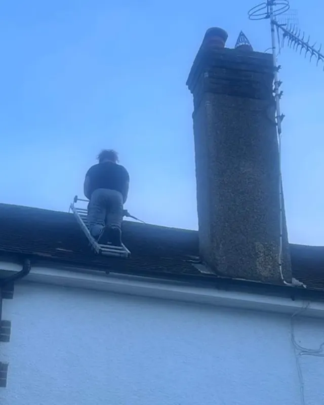 A Masters Roofing ladder set up against a house at dusk during an emergency call-out